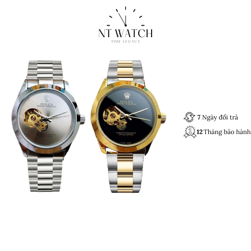 Đồng hồ cơ nam Rolex Open Heart Watch 27500SG mặt lộ cơ lịch Sun and Moon mặt kính Mineral chống nước dây da cao cấp