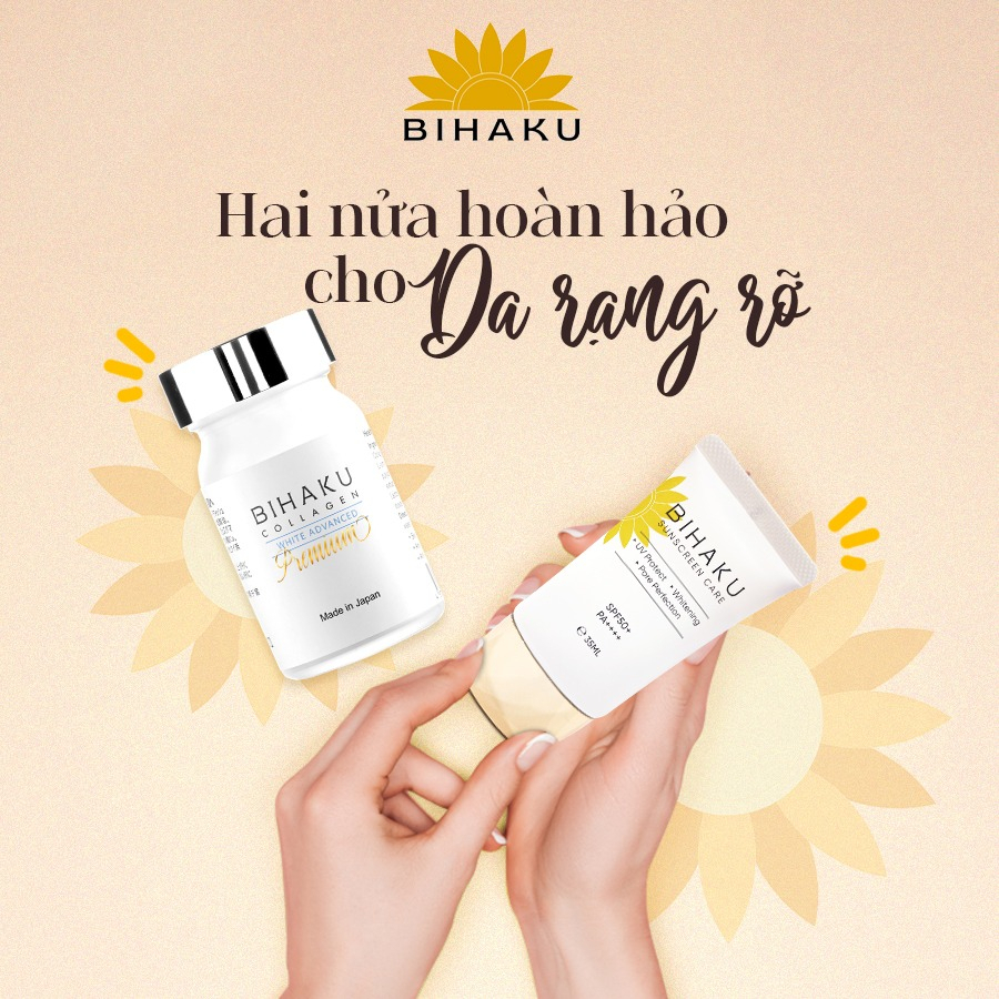 Bộ đôi dưỡng trắng toàn thân, ngừa nám và lão hóa Bihaku Sunscreen Care SPF 50+ PA++++ 35ml và Bihaku Collagen