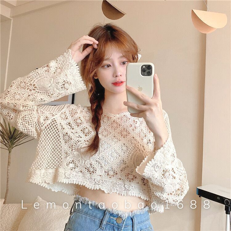 Áo Ren Móc Dáng Croptop Dài Tay Sexy Dễ Thương Cho Nữ Lemontaobao