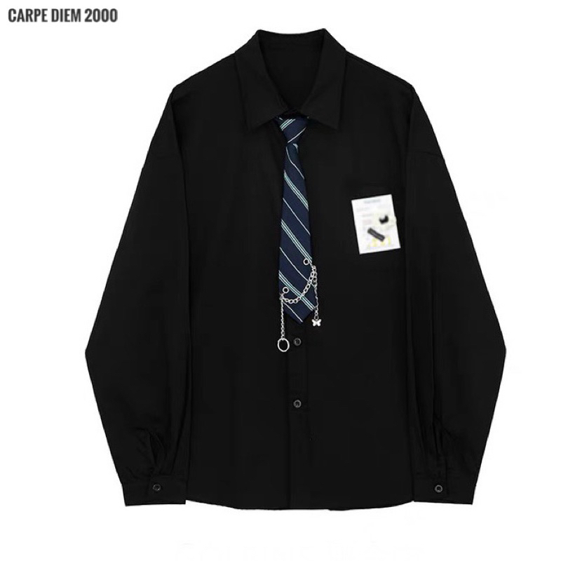 Santos Shirt & Tie - Áo sơ mi đen phối cà vạt trendy. Có màu đen, trắng và xanh da trời
