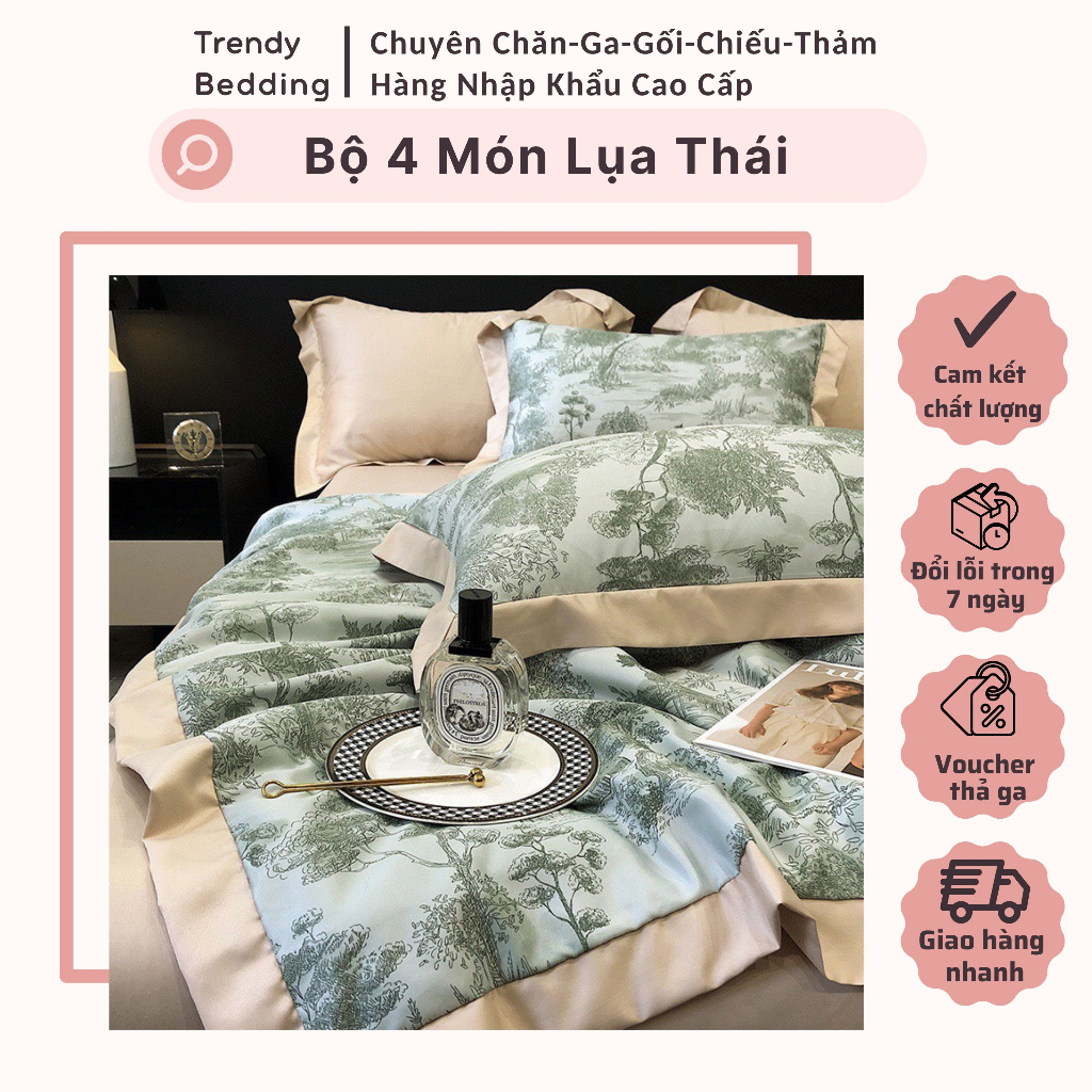 Bộ Chăn Ga Gối Lụa Thái 4 món chăn trần bông, có độ óng tự nhiên, mềm mịn, sang trọng và đẳng cấp
