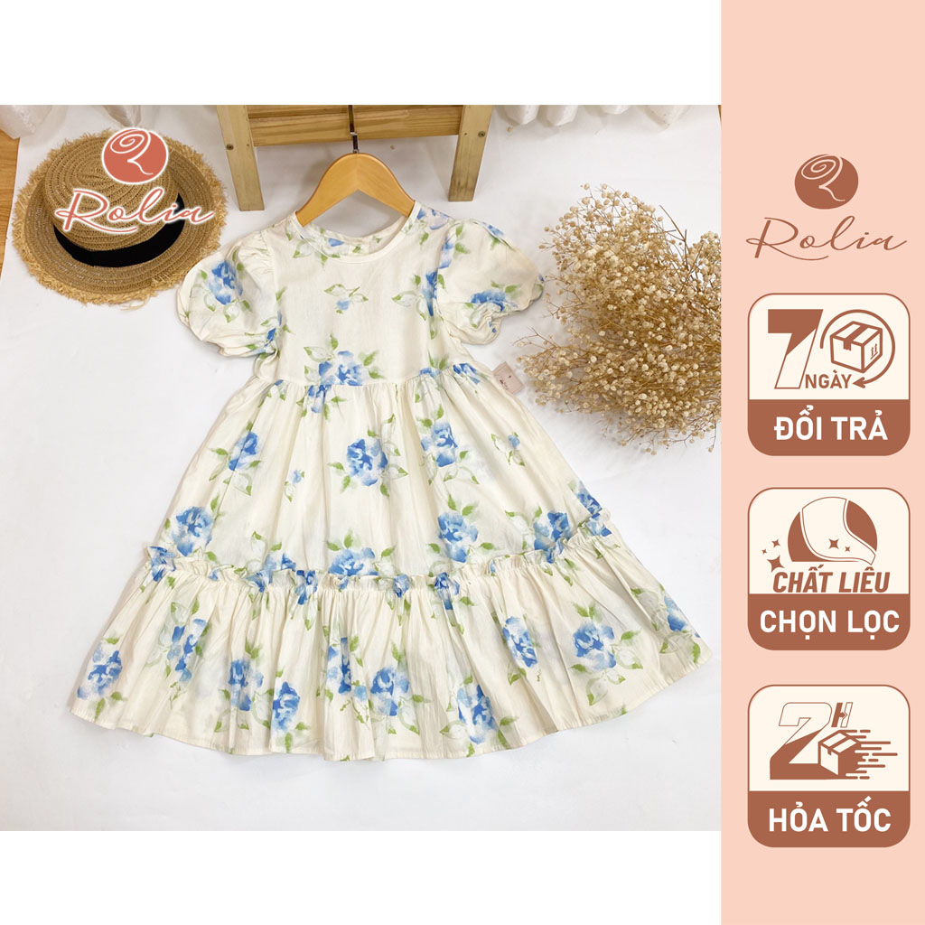 Váy hoa xanh bé gái ROLIA chất thô cotton mặc mát thấm hút mồ hôi cho bé từ 11-42kg MX154