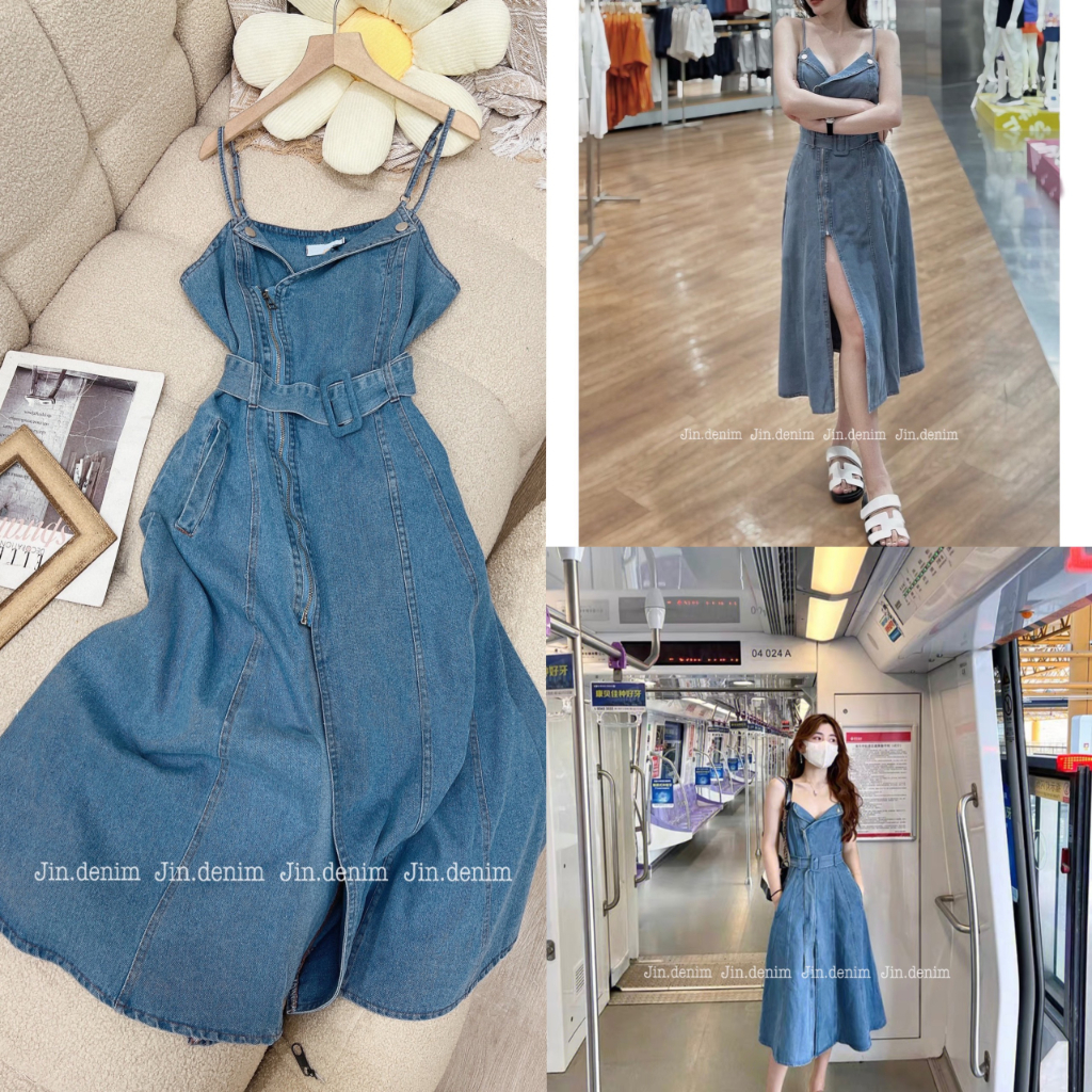 Váy đầm jean denim body khóa dọc, 2 dây thiết kế cao cấp 016
