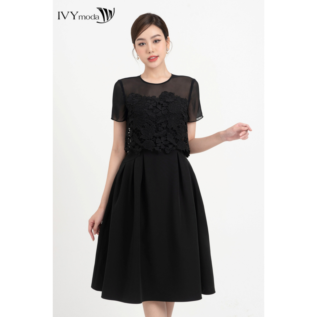 Đầm xòe phối ren hoa nữ IVY moda MS 48M8352