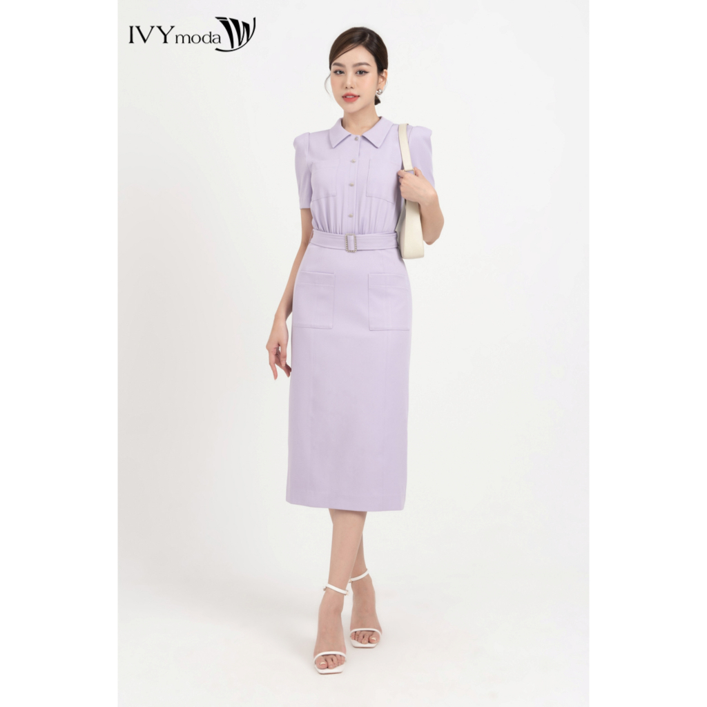 Đầm dài phối túi kèm đai nữ IVY moda MS 48M8233