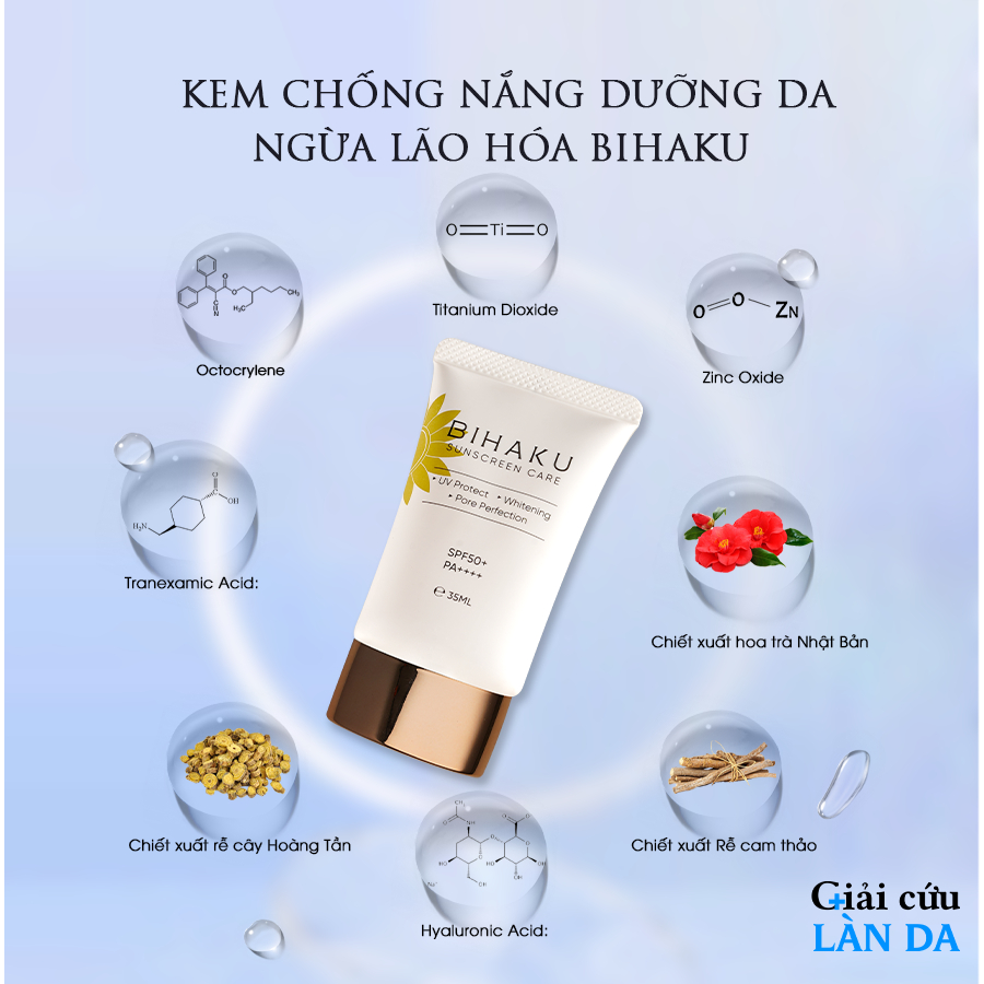 Bộ đôi dưỡng trắng toàn thân, ngừa nám và lão hóa Bihaku Sunscreen Care SPF 50+ PA++++ 35ml và Bihaku Collagen