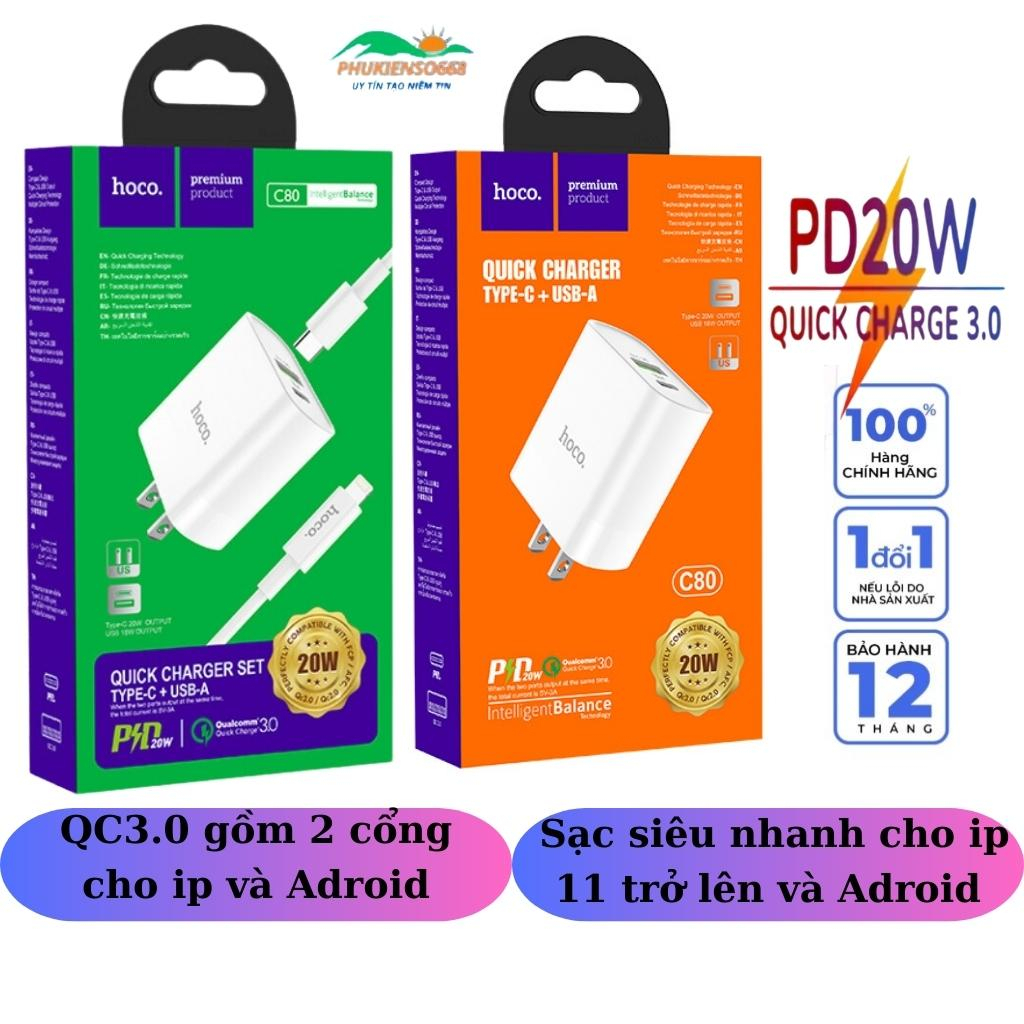 Củ sạc nhanh PD 20W,Bộ sạc nhanh hoco C80,Sạc ip và Adroid.PD3.0, QC3.0 / QC2.0