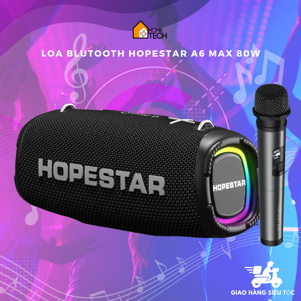 Loa Bluetooth HOPESTAR A6 Max 80W Booster Bass, TWS, Pin 12000mAh, chống nước IPX6, LED RGB, kèm micro không dây