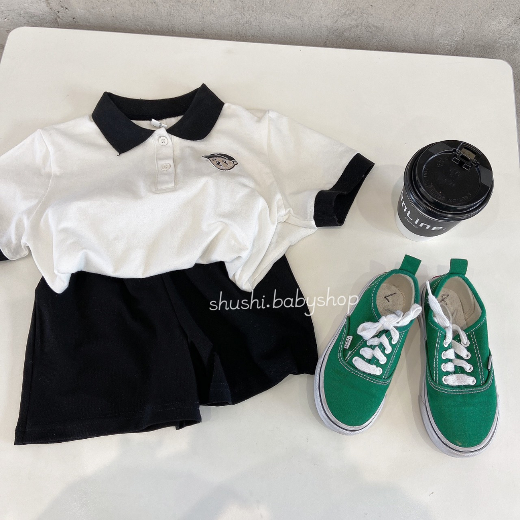 set bé trai bé gái polo màu trắng đen chất thun cotton đồng phục đi học, đi chơi, du lịch, đồ đôi anh em chị em Shushiba