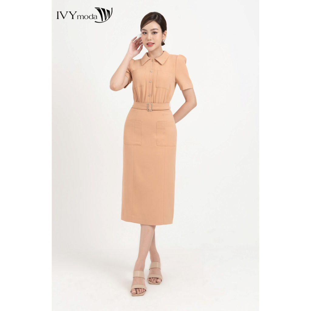 Đầm dài phối túi kèm đai nữ IVY moda MS 48M8233