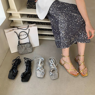 Sandal xỏ ngón quai mảnh gót vuông cao 4cm hàn quốc