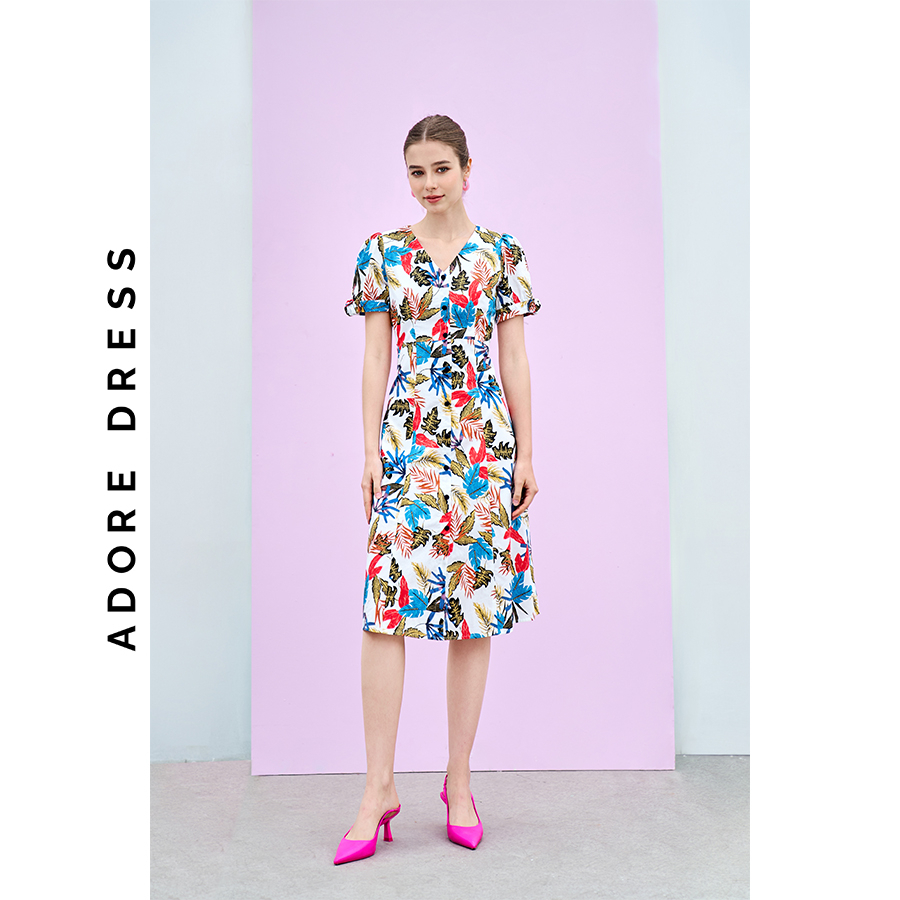 Đầm Midi dresses thô trắng hoạ tiết tropical cổ tim 311DR2025 ADORE DRESS