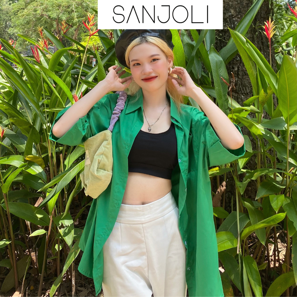 Áo sơ mi nữ form rộng Sanjoli unisex tay dài phong cách hàn quốc màu xanh lá AO014