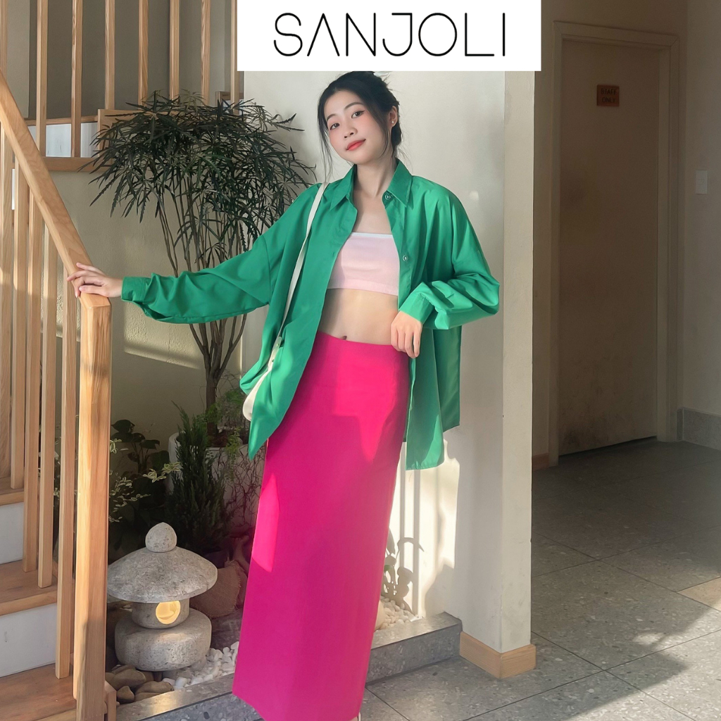 Áo sơ mi nữ form rộng Sanjoli unisex tay dài phong cách hàn quốc màu xanh lá AO014