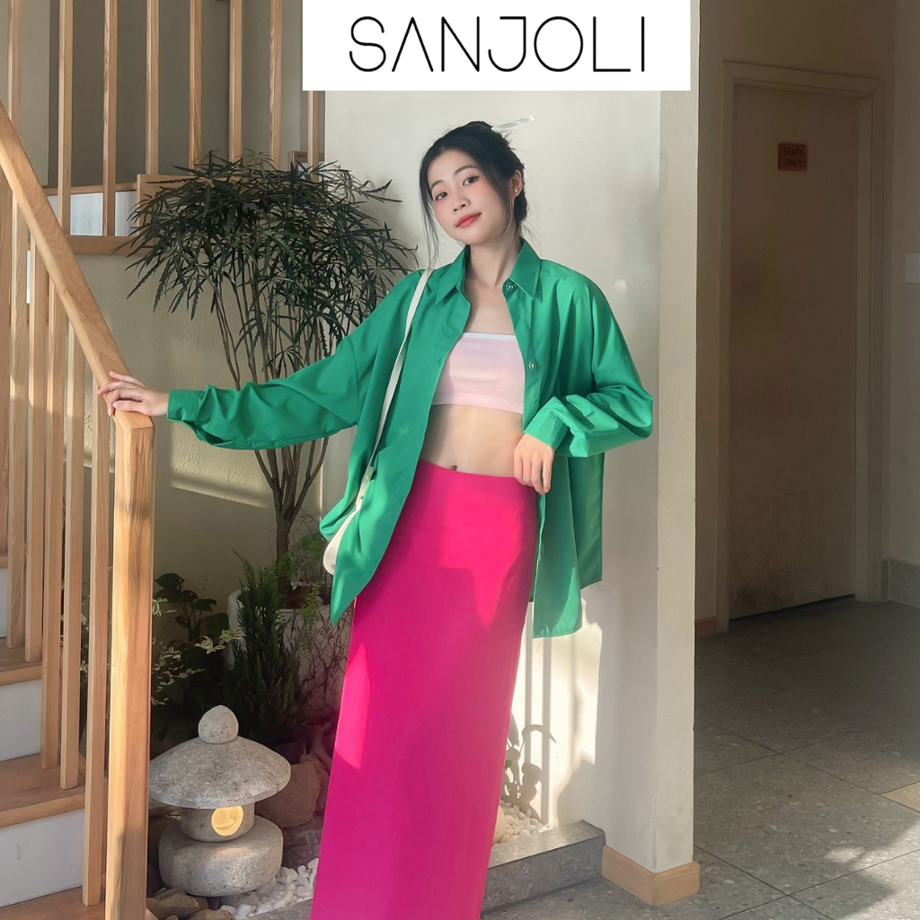 Áo sơ mi nữ form rộng Sanjoli unisex tay dài phong cách hàn quốc màu xanh lá AO014