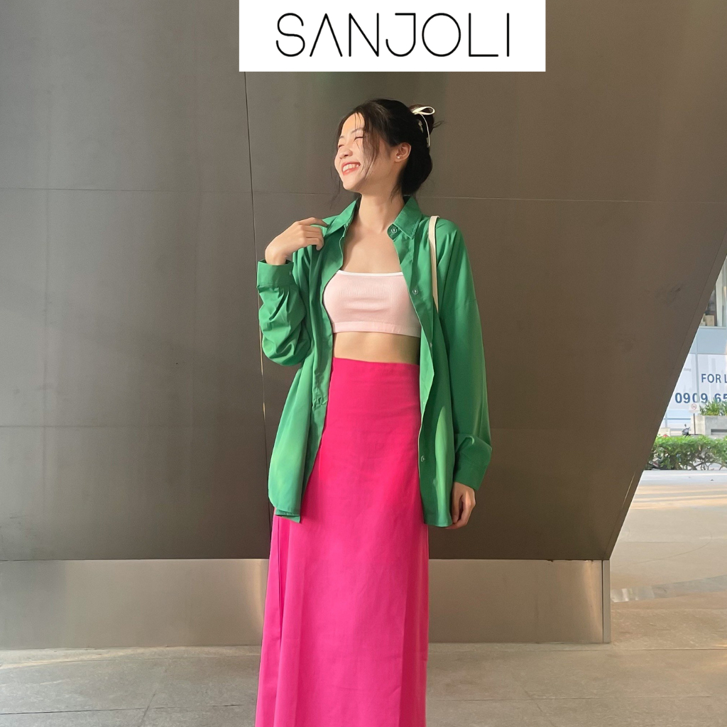 Áo sơ mi nữ form rộng Sanjoli unisex tay dài phong cách hàn quốc màu xanh lá AO014