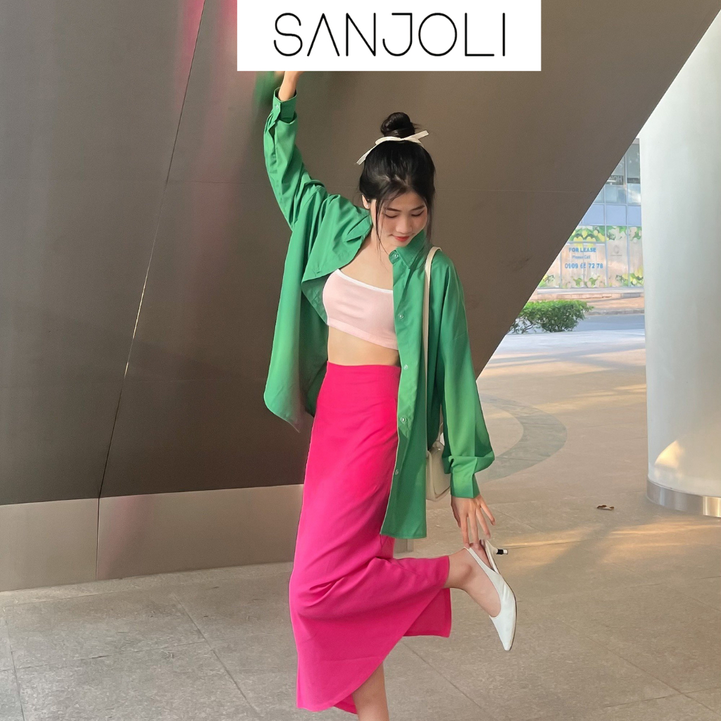 Áo sơ mi nữ form rộng Sanjoli unisex tay dài phong cách hàn quốc màu xanh lá AO014