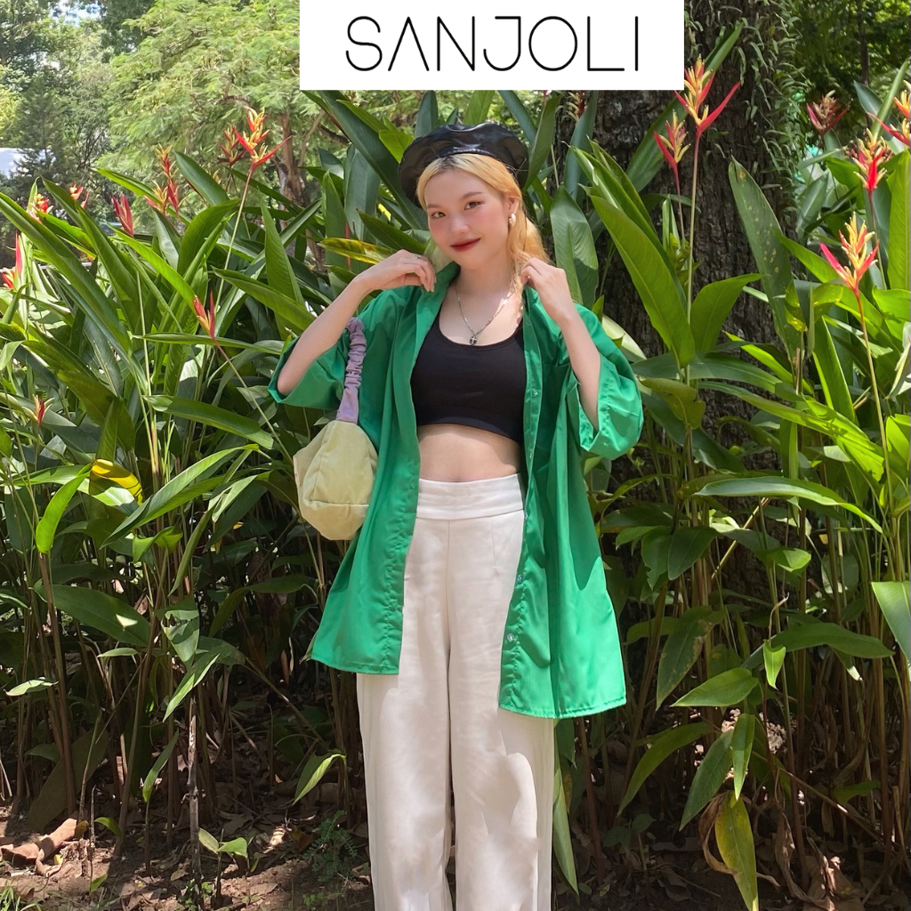 Áo sơ mi nữ form rộng Sanjoli unisex tay dài phong cách hàn quốc màu xanh lá AO014