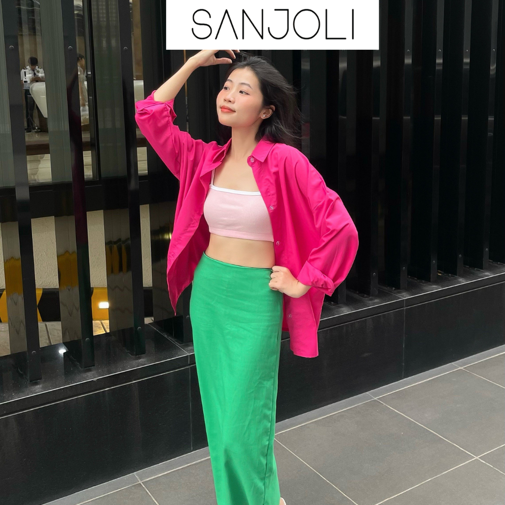 Áo sơ mi nữ form rộng Sanjoli unisex tay dài phong cách hàn quốc màu hồng đậm AO014