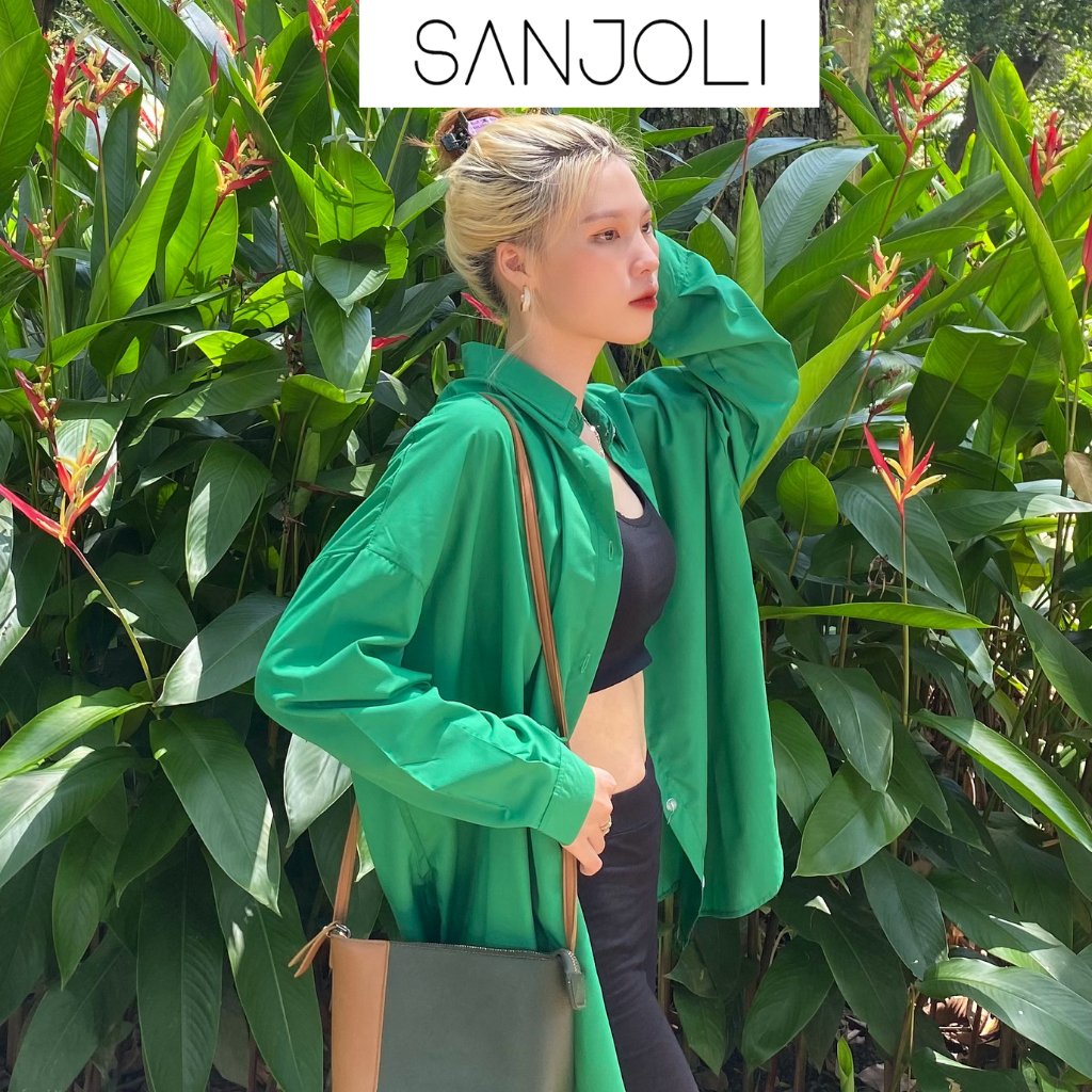 Áo sơ mi nữ form rộng Sanjoli unisex tay dài phong cách hàn quốc màu xanh lá AO014