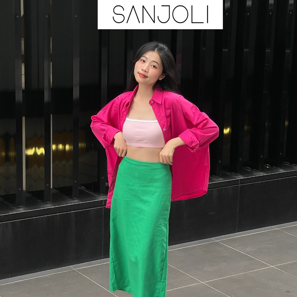 Áo sơ mi nữ form rộng Sanjoli unisex tay dài phong cách hàn quốc màu hồng đậm AO014