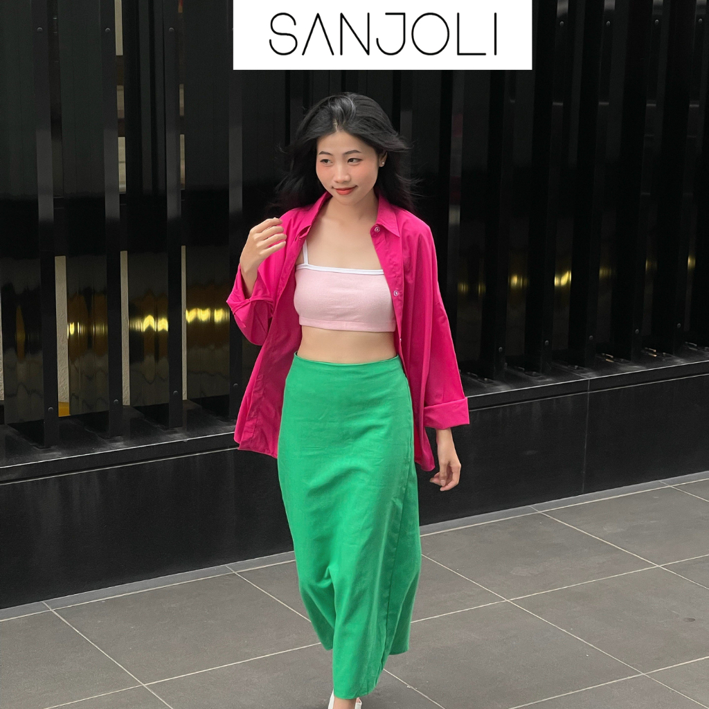 Áo sơ mi nữ form rộng Sanjoli unisex tay dài phong cách hàn quốc màu hồng đậm AO014