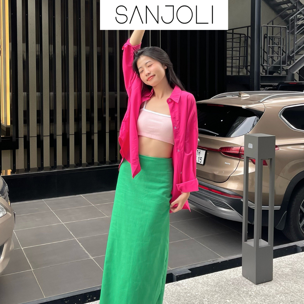 Áo sơ mi nữ form rộng Sanjoli unisex tay dài phong cách hàn quốc màu hồng đậm AO014