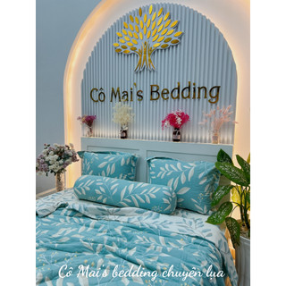 Bộ drap giường cotton hàn quốc - 100% cotton - lá xanh phối trắng