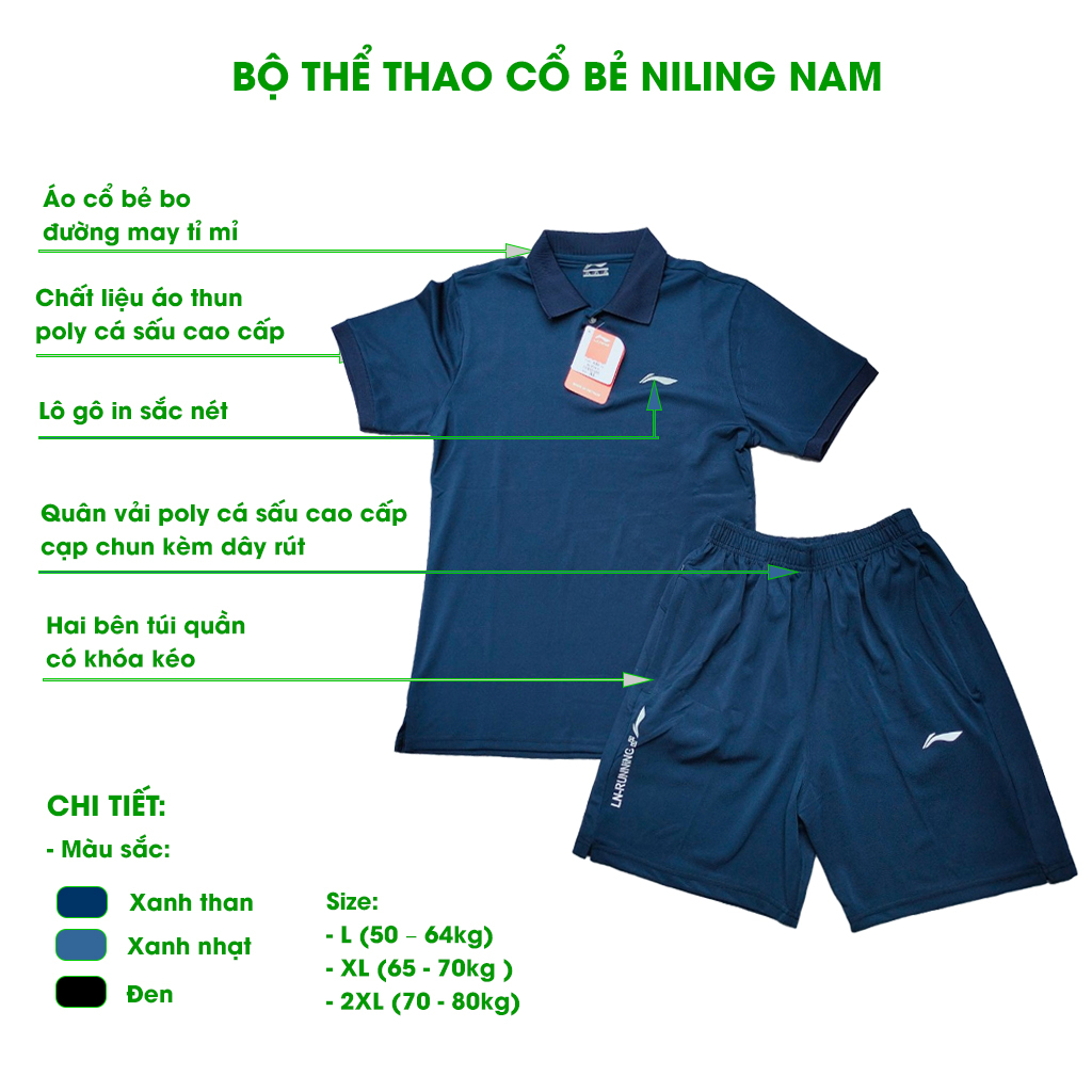 Bộ Thể Thao nam mùa hè Lining bộ đồ nam mùa hè cộc tay chất poly cá sấu co dãn vận động thoải mái Hanh shop BNL105