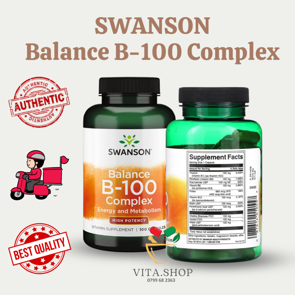 Swanson Balance B-100 B-Complex Viên uống Vitamin B Hỗ trợ Miễn dịch, Sức khỏe Tim mạch và hệ Thần kinh 100 viên