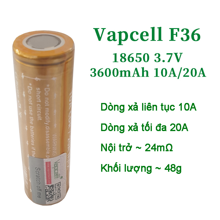 PIN chính hãng Vapcell F36 INR18650 3600mah dòng xả liên tục 10A - Prism official