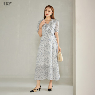 Váy maxi hoa nhí Her25 đầm dáng dài cổ bèo cách điệu