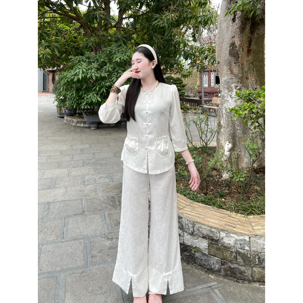 Bộ đi chùa nữ cao cấp bộ bà ba đi chùa nữ áo túi ốp dáng suông quần lụa xẻ gấu đủ size s m l xl