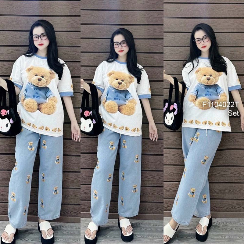 Set bộ áo thun in hình gấu viền phối quần ống suông cá tính VIENS STORE