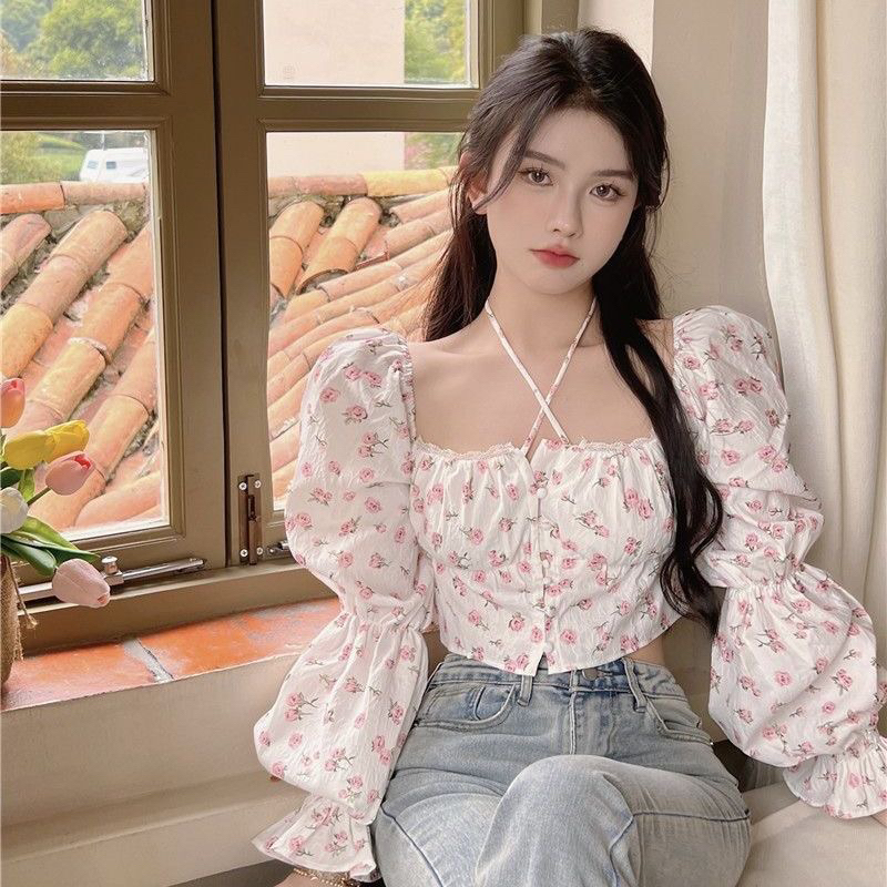 Áo Croptop Tay Dài Bồng Hoa Nhí Chun Ngực Phong Cách Hàn Quốc❤️