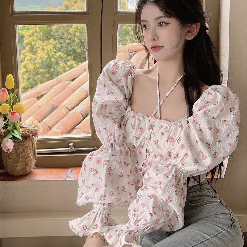 Áo Croptop Tay Dài Bồng Hoa Nhí Chun Ngực Phong Cách Hàn Quốc❤️