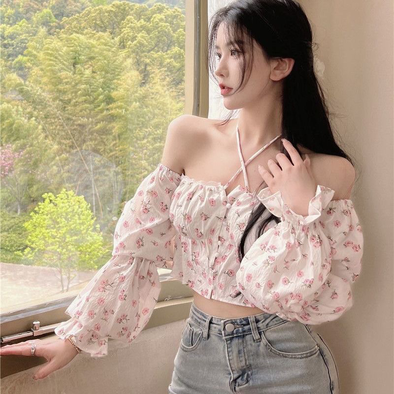 Áo Croptop Tay Dài Bồng Hoa Nhí Chun Ngực Phong Cách Hàn Quốc❤️