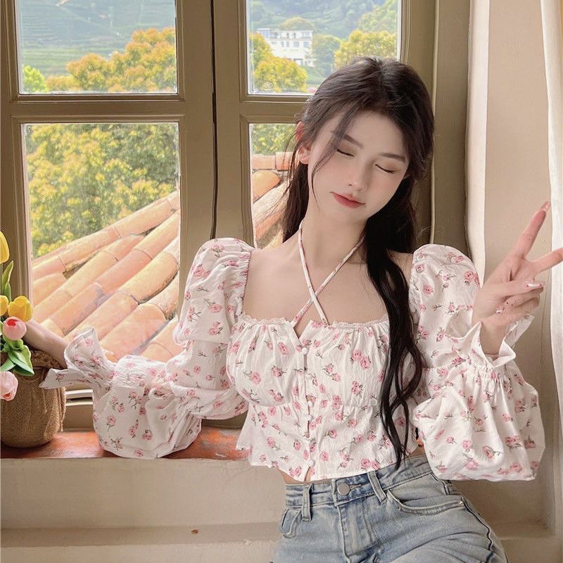 Áo Croptop Tay Dài Bồng Hoa Nhí Chun Ngực Phong Cách Hàn Quốc❤️
