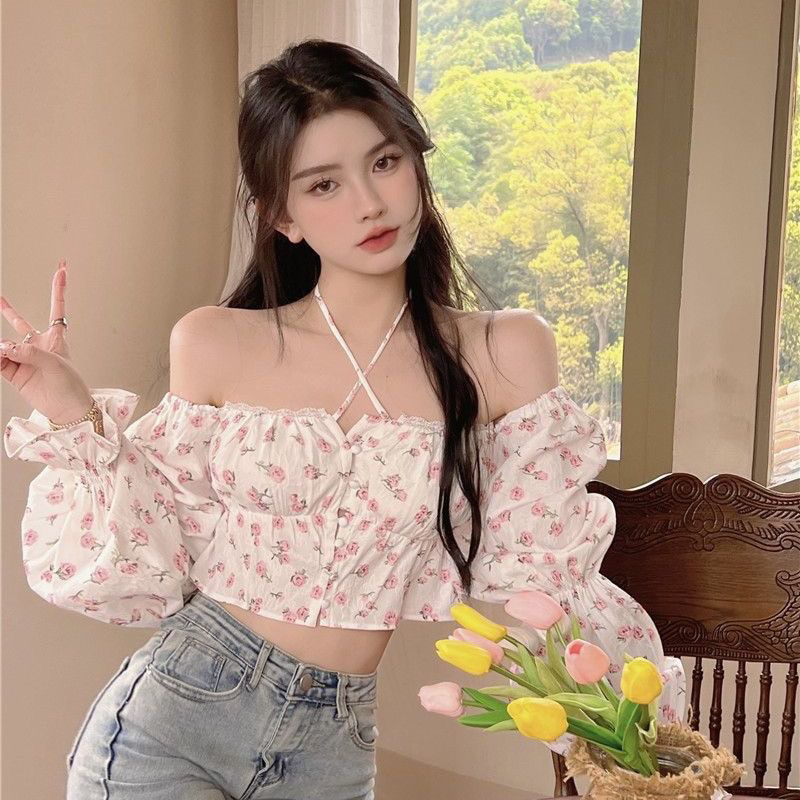 Áo Croptop Tay Dài Bồng Hoa Nhí Chun Ngực Phong Cách Hàn Quốc❤️