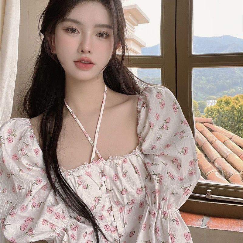 Áo Croptop Tay Dài Bồng Hoa Nhí Chun Ngực Phong Cách Hàn Quốc❤️