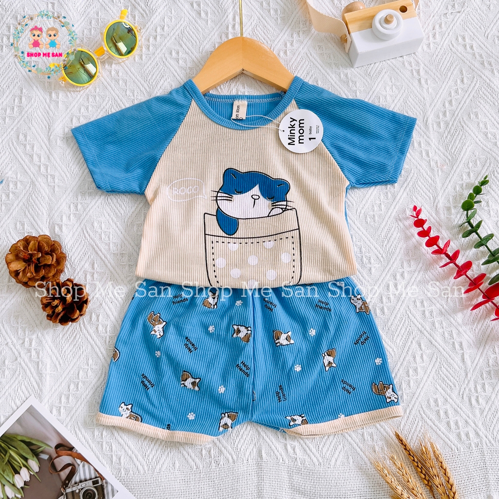 Đồ Bộ Cộc Tay Cho Bé, Quần Áo Trẻ Em Mùa Hè Chất Cotton Thun Tăm Mềm Mịn Mát, Hoạ Tiết In Mèo Đáng Yêu