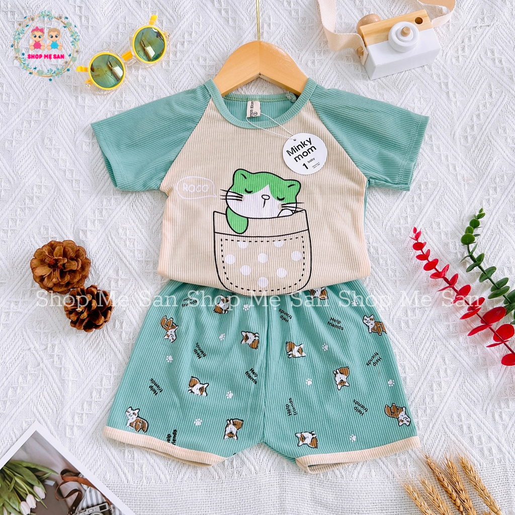 Đồ Bộ Cộc Tay Cho Bé, Quần Áo Trẻ Em Mùa Hè Chất Cotton Thun Tăm Mềm Mịn Mát, Hoạ Tiết In Mèo Đáng Yêu