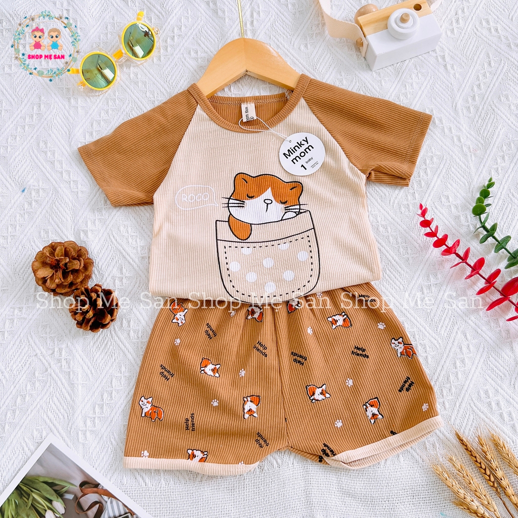 Đồ Bộ Cộc Tay Cho Bé, Quần Áo Trẻ Em Mùa Hè Chất Cotton Thun Tăm Mềm Mịn Mát, Hoạ Tiết In Mèo Đáng Yêu