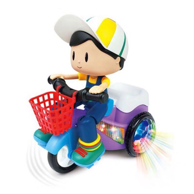 Đồ chơi xe shipper 3 bánh nhấc đầu xoay 360 độ, có nhạc có đèn -  Bánh xe phát sáng - Đồ chơi Baby Chill