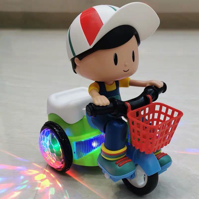 Đồ chơi xe shipper 3 bánh nhấc đầu xoay 360 độ, có nhạc có đèn -  Bánh xe phát sáng - Đồ chơi Baby Chill
