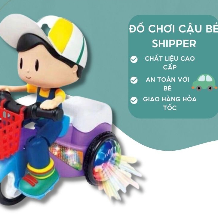 Đồ chơi xe shipper 3 bánh nhấc đầu xoay 360 độ, có nhạc có đèn -  Bánh xe phát sáng - Đồ chơi Baby Chill