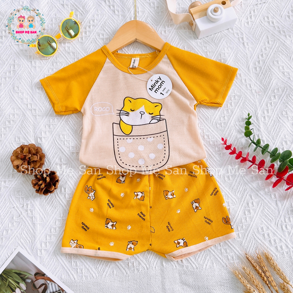 Đồ Bộ Cộc Tay Cho Bé, Quần Áo Trẻ Em Mùa Hè Chất Cotton Thun Tăm Mềm Mịn Mát, Hoạ Tiết In Mèo Đáng Yêu