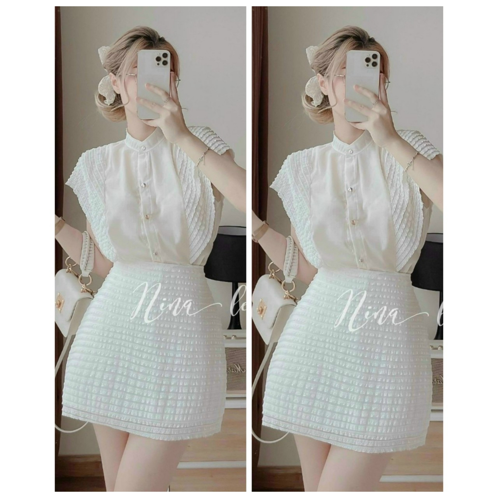 Set nữ áo somi cổ trụ mix chân váy ngắn chữ A thời trang nữ hot trend thanh lịch đi chơi, dự tiệc xinh xắn