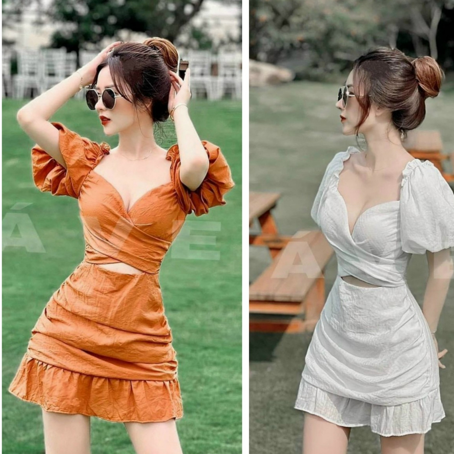 Đầm váy ôm body tay phồng đan chéo eo xinh xắn kết hợp váy xếp ly đuôi cá dự tiệc sang chảnh
