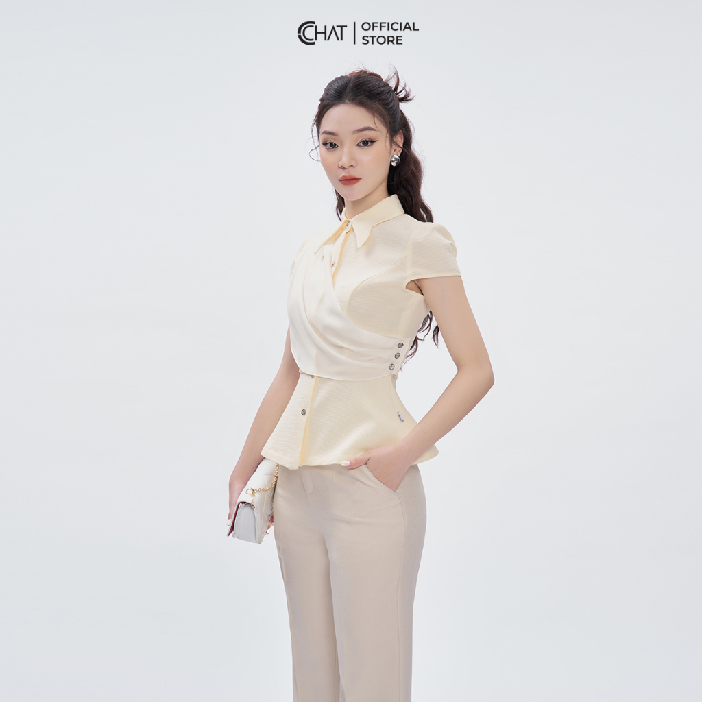 Áo Sơ Mi Nữ Kiểu Peplum Phối Vải Chất Tuytsi Cao Cấp Mềm Mịn 53FNS8008PT